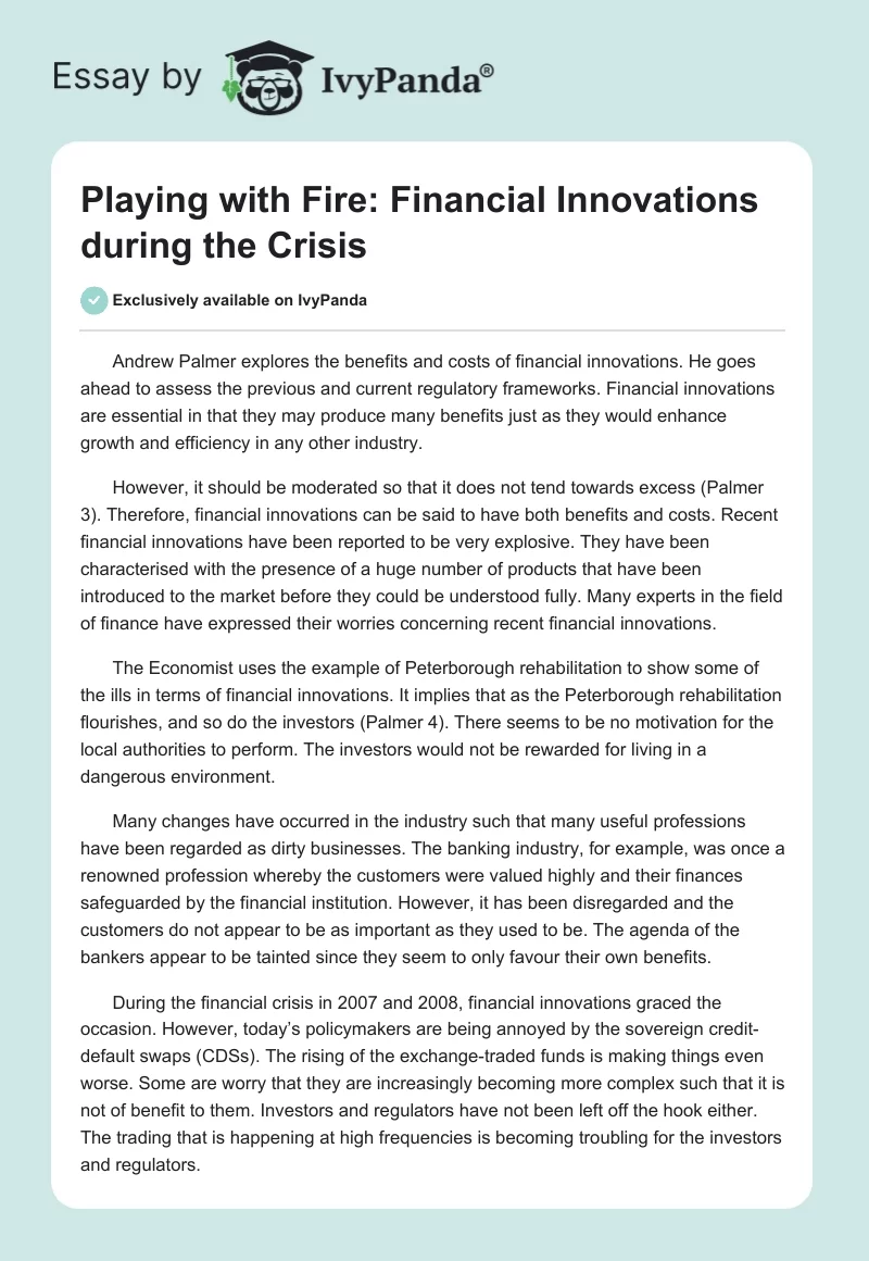 Playing with Fire: Financial Innovations during the Crisis. Page 1