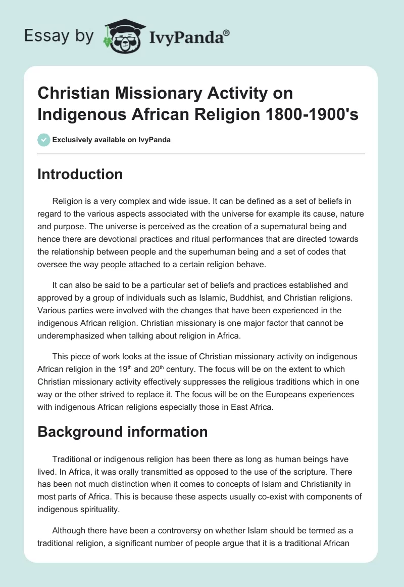 Christian Missionary Activity on Indigenous African Religion 1800-1900's. Page 1