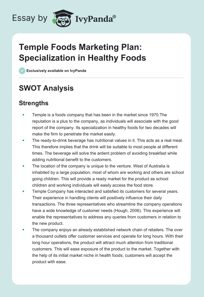 Temple Foods Marketing Plan: Specialization in Healthy Foods. Page 1