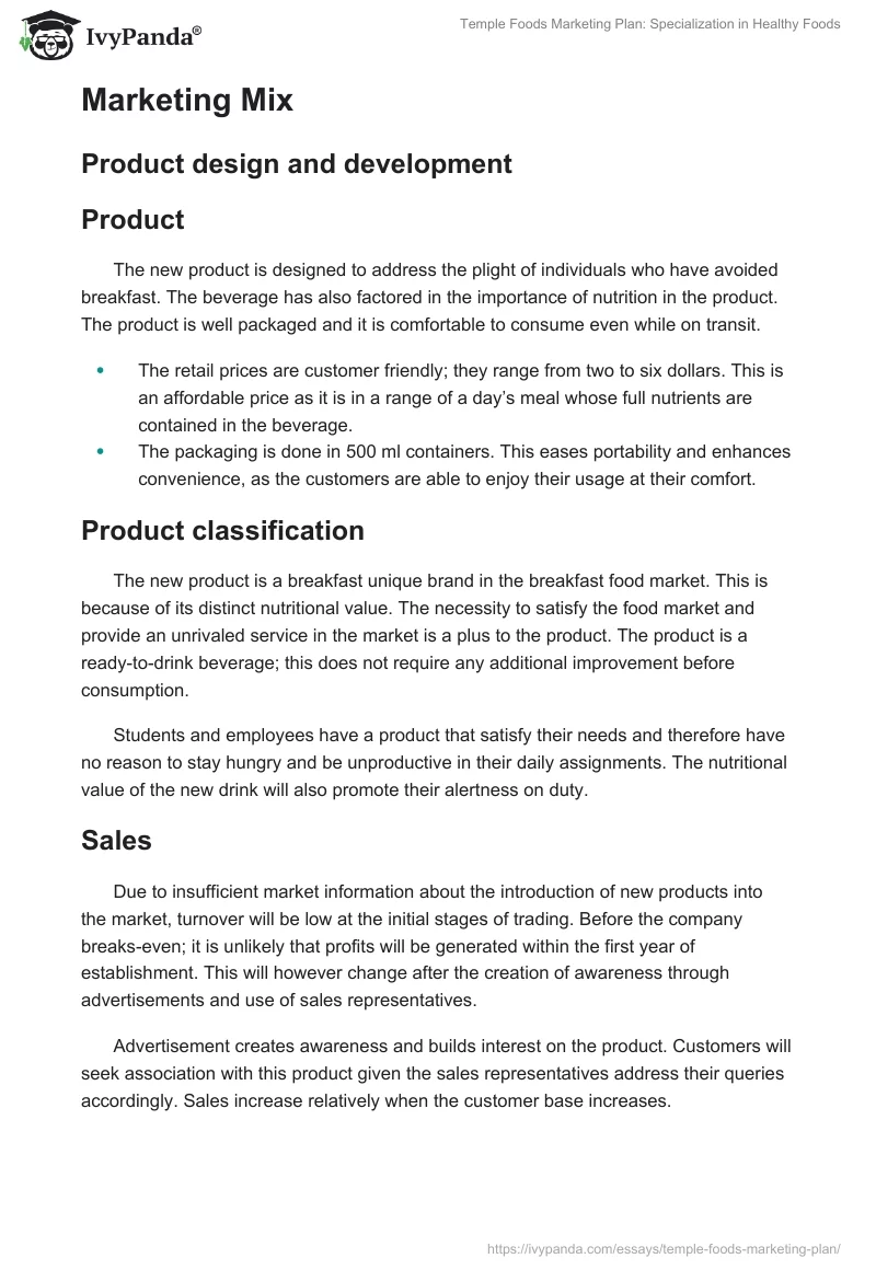 Temple Foods Marketing Plan: Specialization in Healthy Foods. Page 5