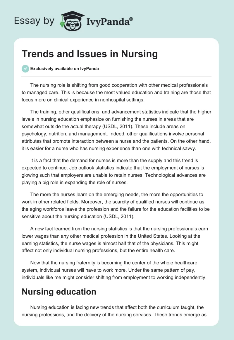 Trends and Issues in Nursing - 594 Words | Essay Example