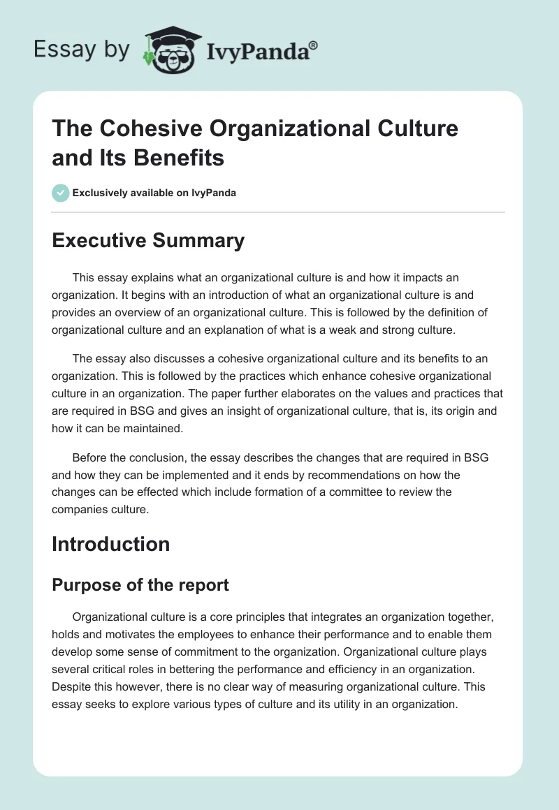 The Cohesive Organizational Culture and Its Benefits. Page 1