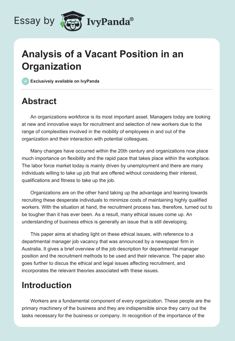 Analysis of a Vacant Position in an Organization. Page 1