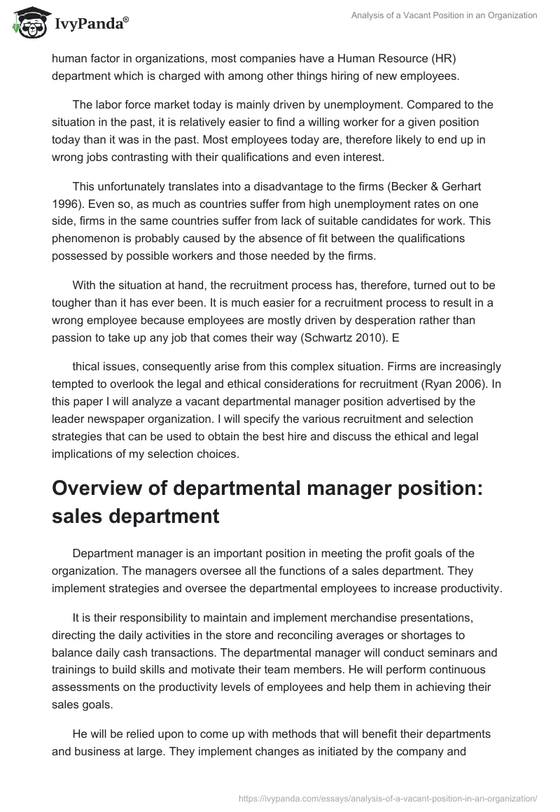 Analysis of a Vacant Position in an Organization. Page 2