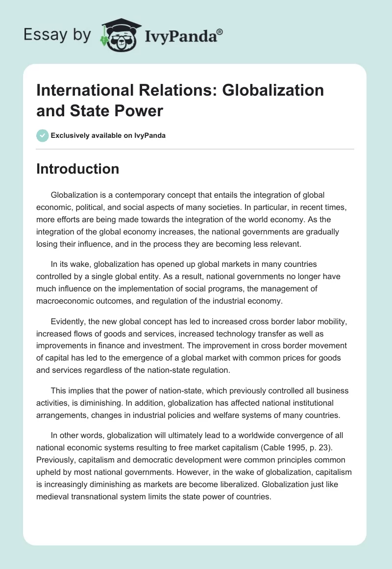 International Relations: Globalization and State Power. Page 1