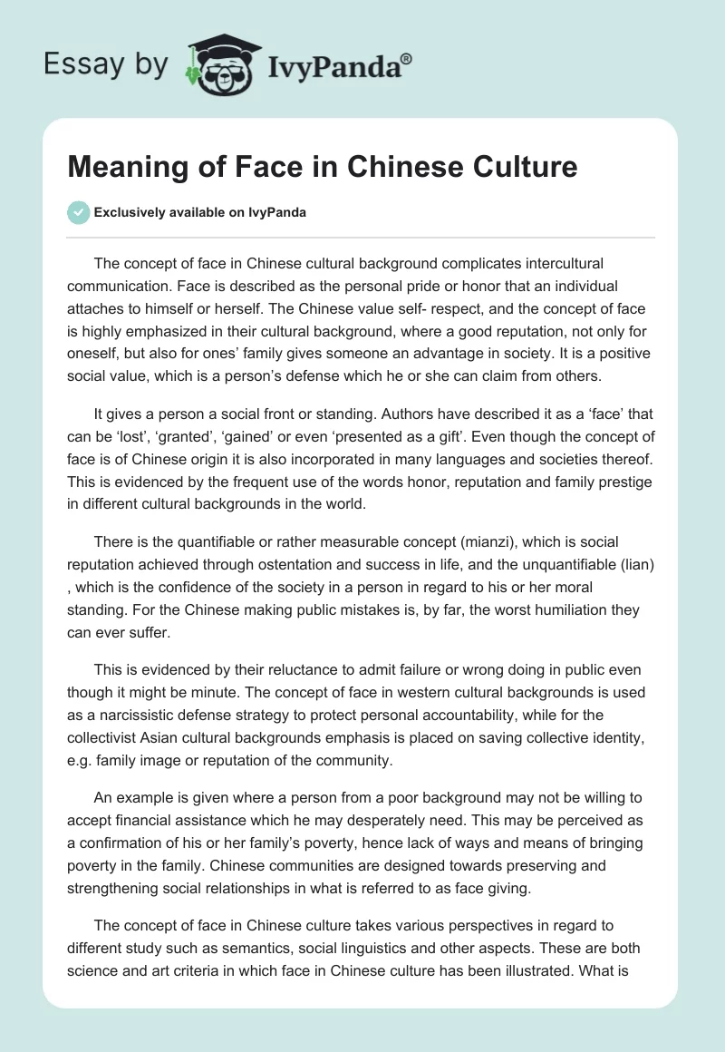 Meaning of Face in Chinese Culture. Page 1