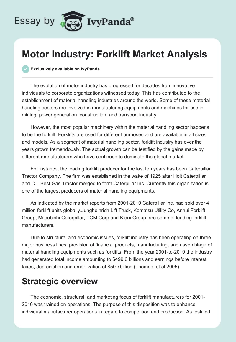 Motor Industry: Forklift Market Analysis. Page 1