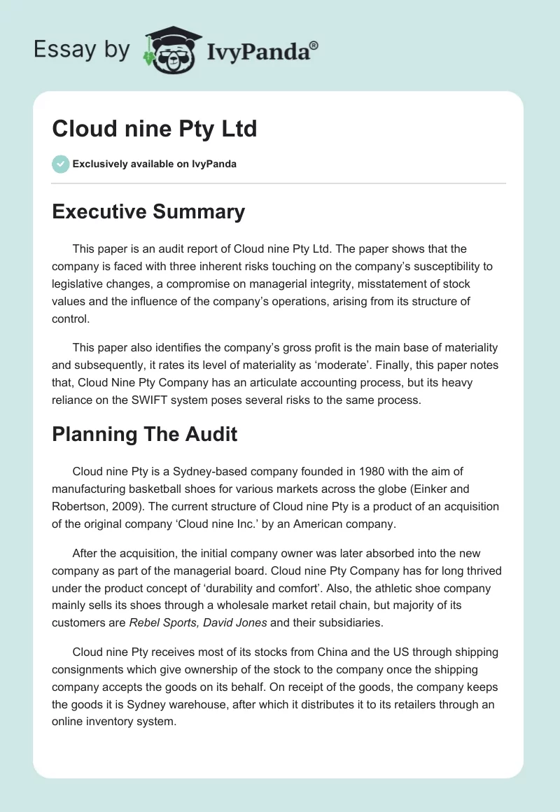 Cloud nine Pty Ltd. Page 1