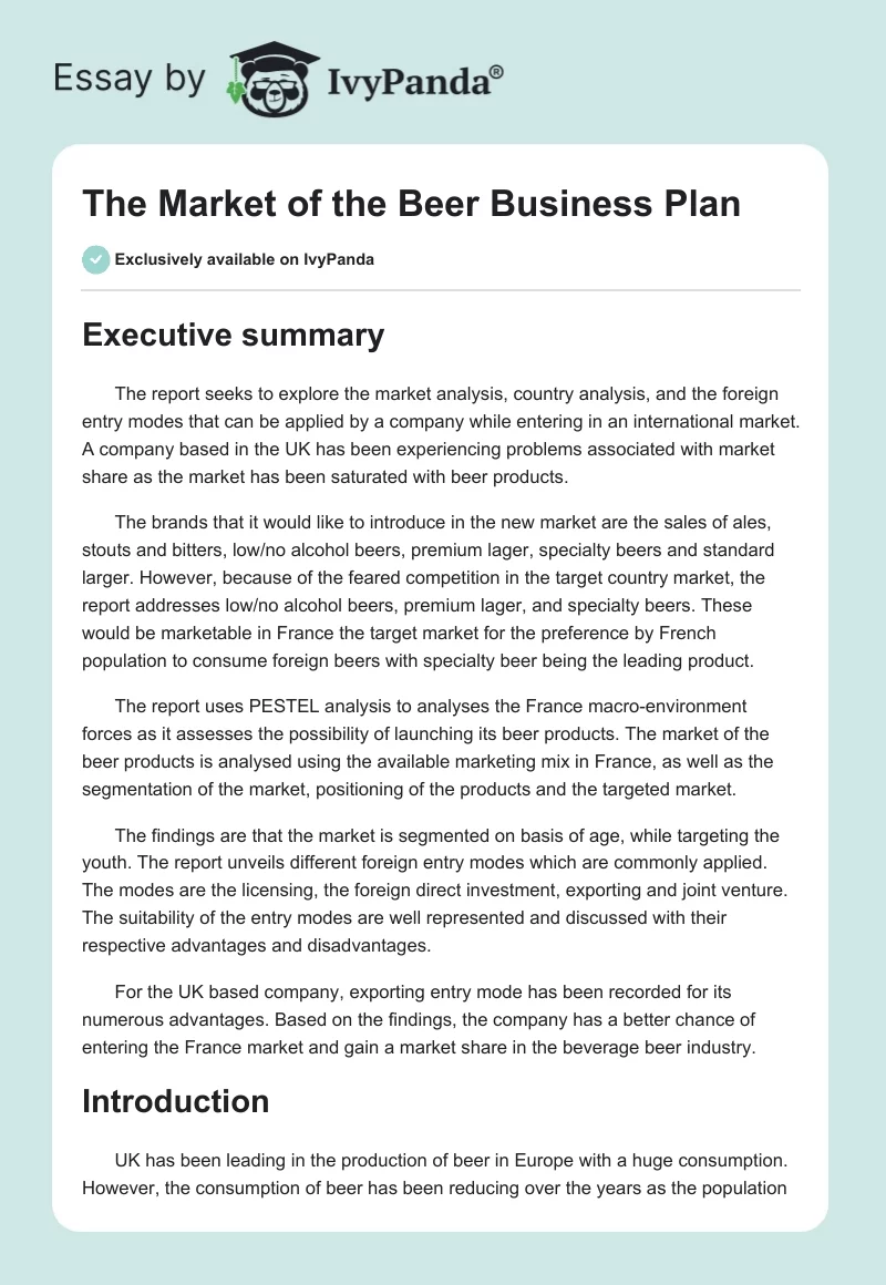 The Market of the Beer Business Plan. Page 1