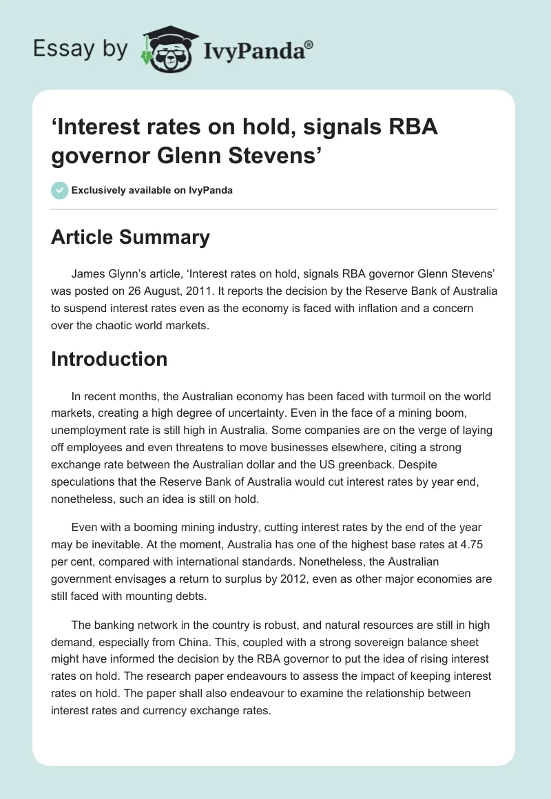 ‘Interest rates on hold, signals RBA governor Glenn Stevens’. Page 1