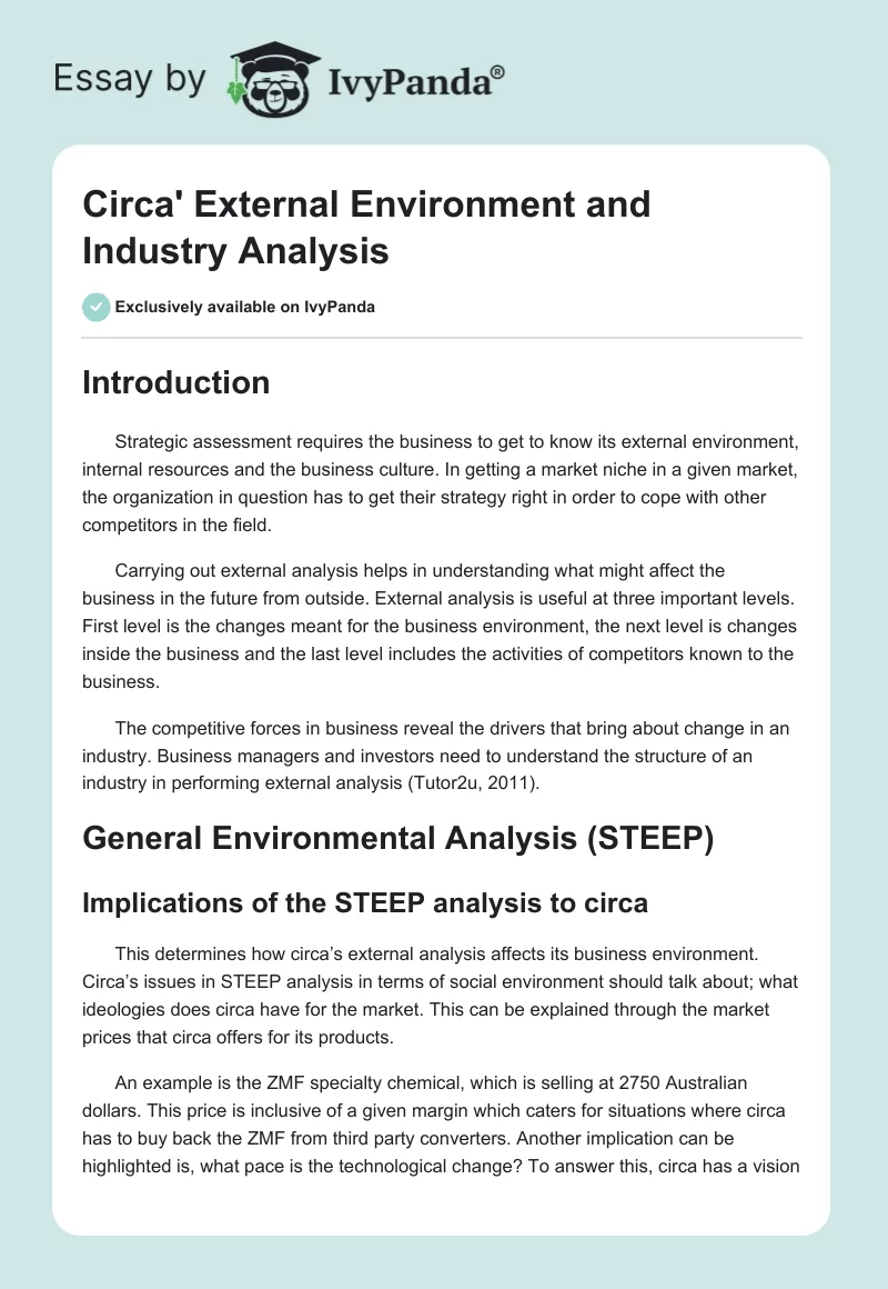 Circa' External Environment and Industry Analysis. Page 1