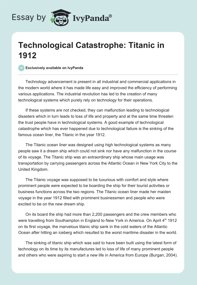 Technological Catastrophe: Titanic in 1912. Page 1