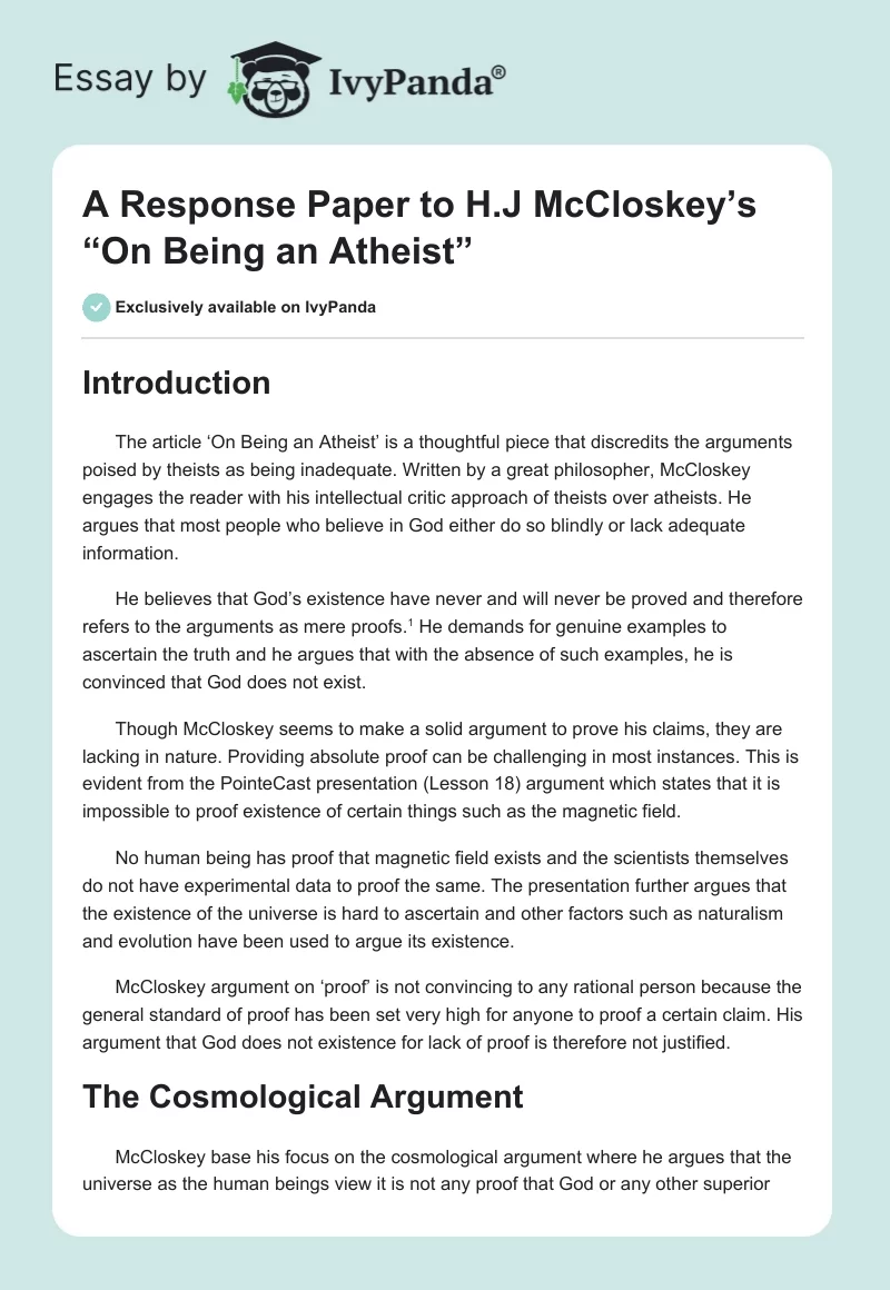 A Response Paper to H.J McCloskey’s “On Being an Atheist”. Page 1