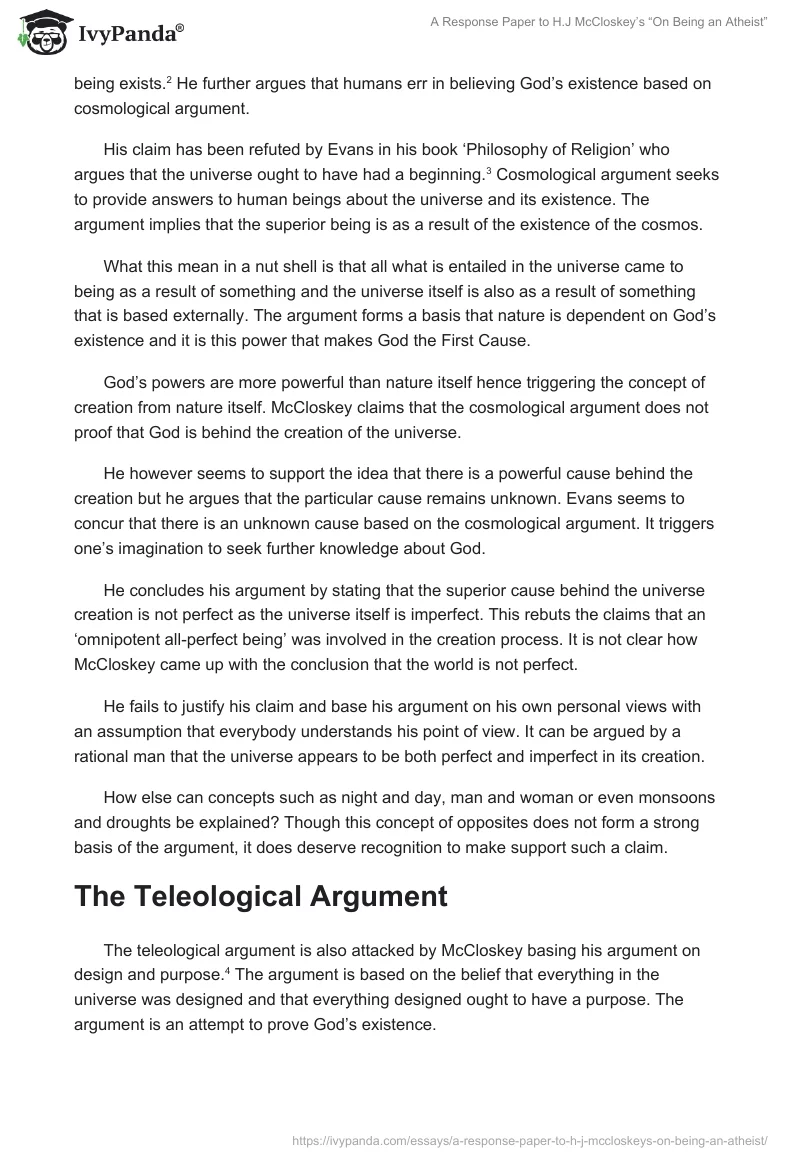 A Response Paper to H.J McCloskey’s “On Being an Atheist”. Page 2
