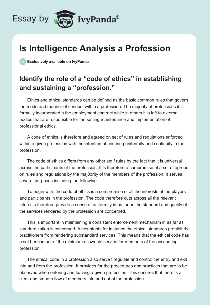 Is Intelligence Analysis a Profession. Page 1