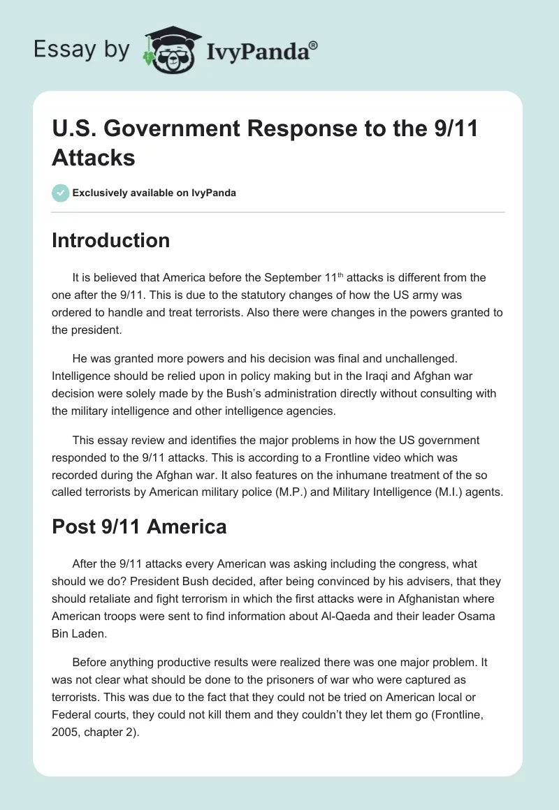 U.S. Government Response to the 9/11 Attacks. Page 1