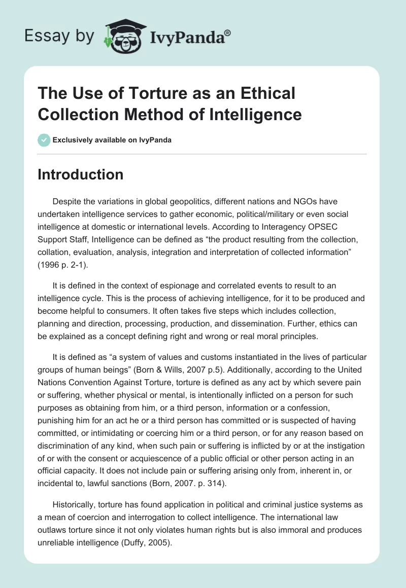 The Use of Torture as an Ethical Collection Method of Intelligence. Page 1