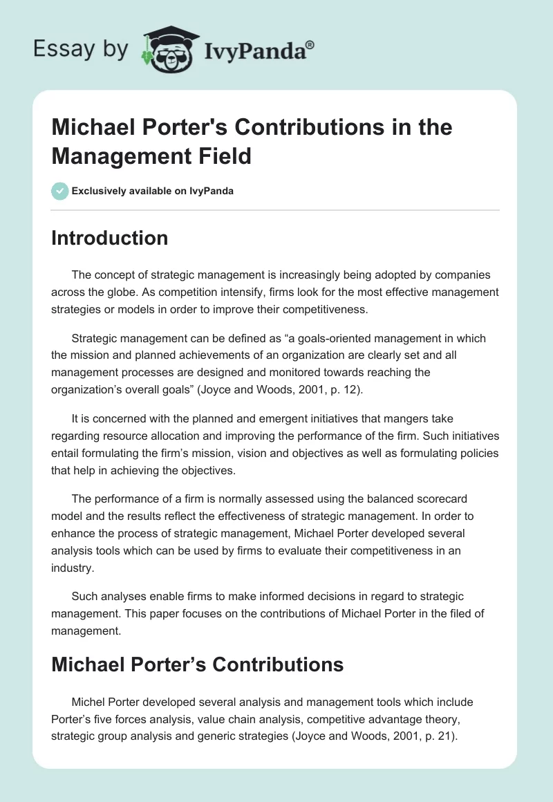 Michael Porter's Contributions in the Management Field. Page 1
