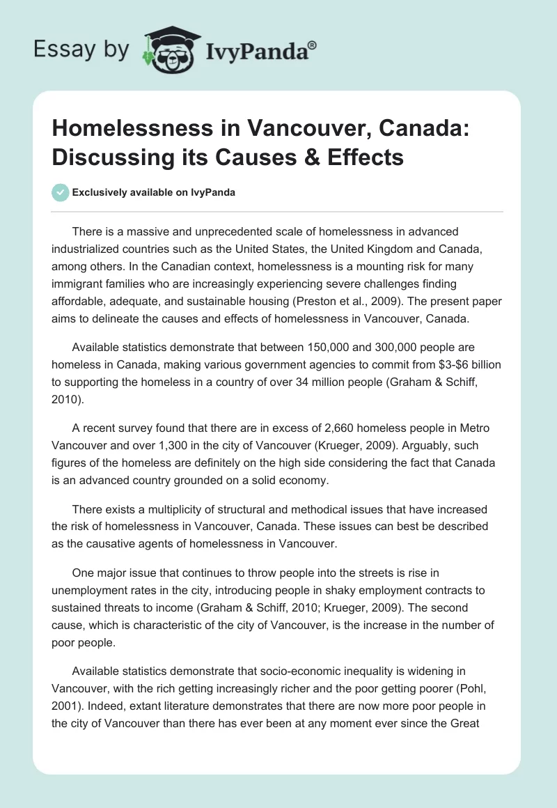 Homelessness in Vancouver, Canada: Discussing its Causes & Effects. Page 1