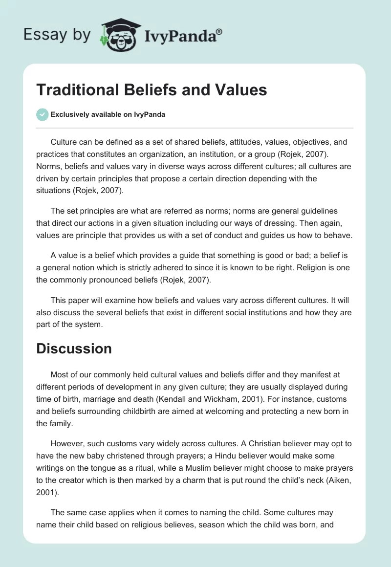 Traditional Beliefs and Values. Page 1