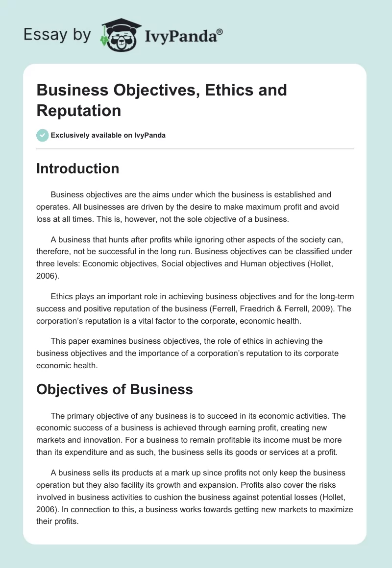 Business Objectives, Ethics and Reputation. Page 1