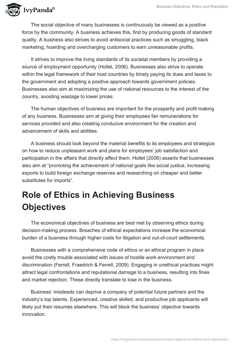 Business Objectives, Ethics and Reputation. Page 2