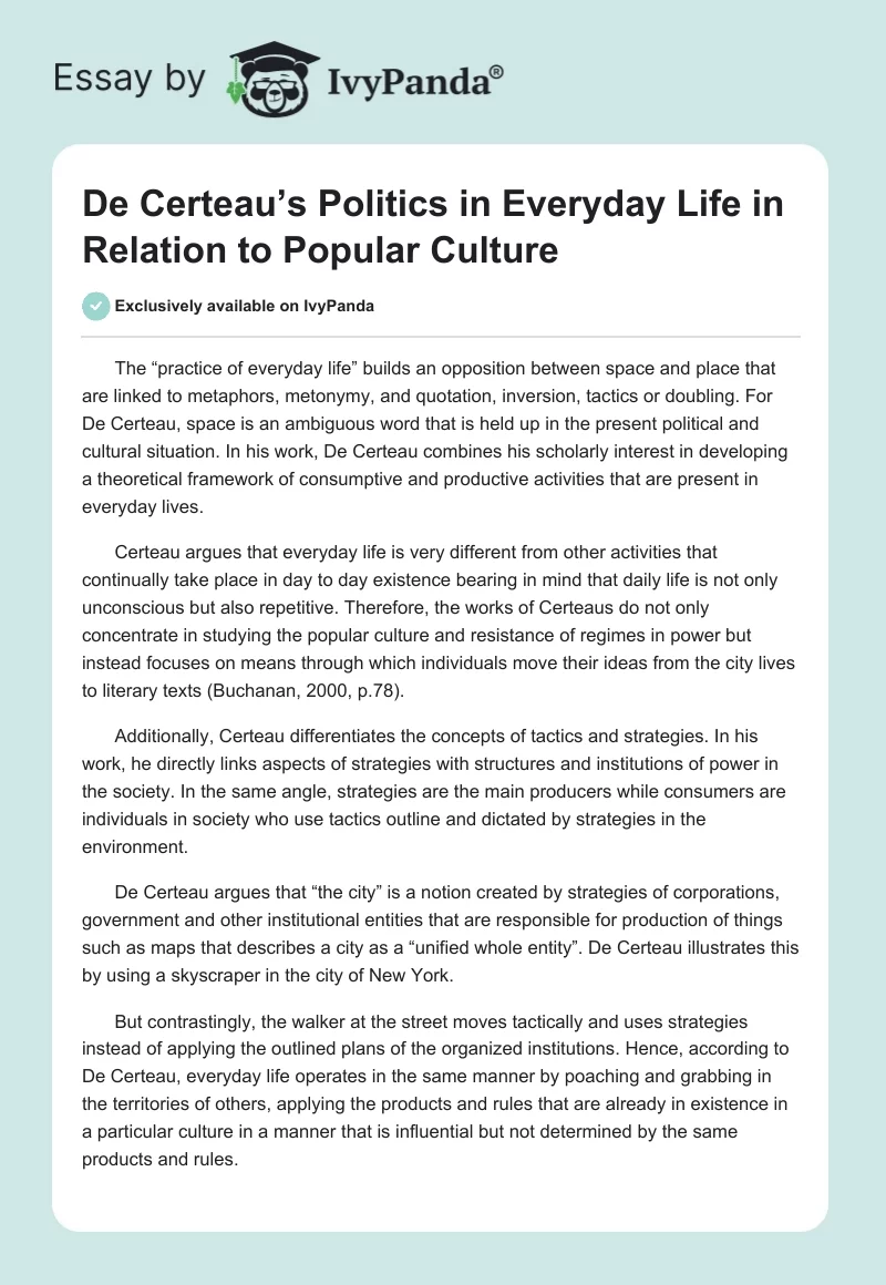 De Certeau’s Politics in Everyday Life in Relation to Popular Culture. Page 1