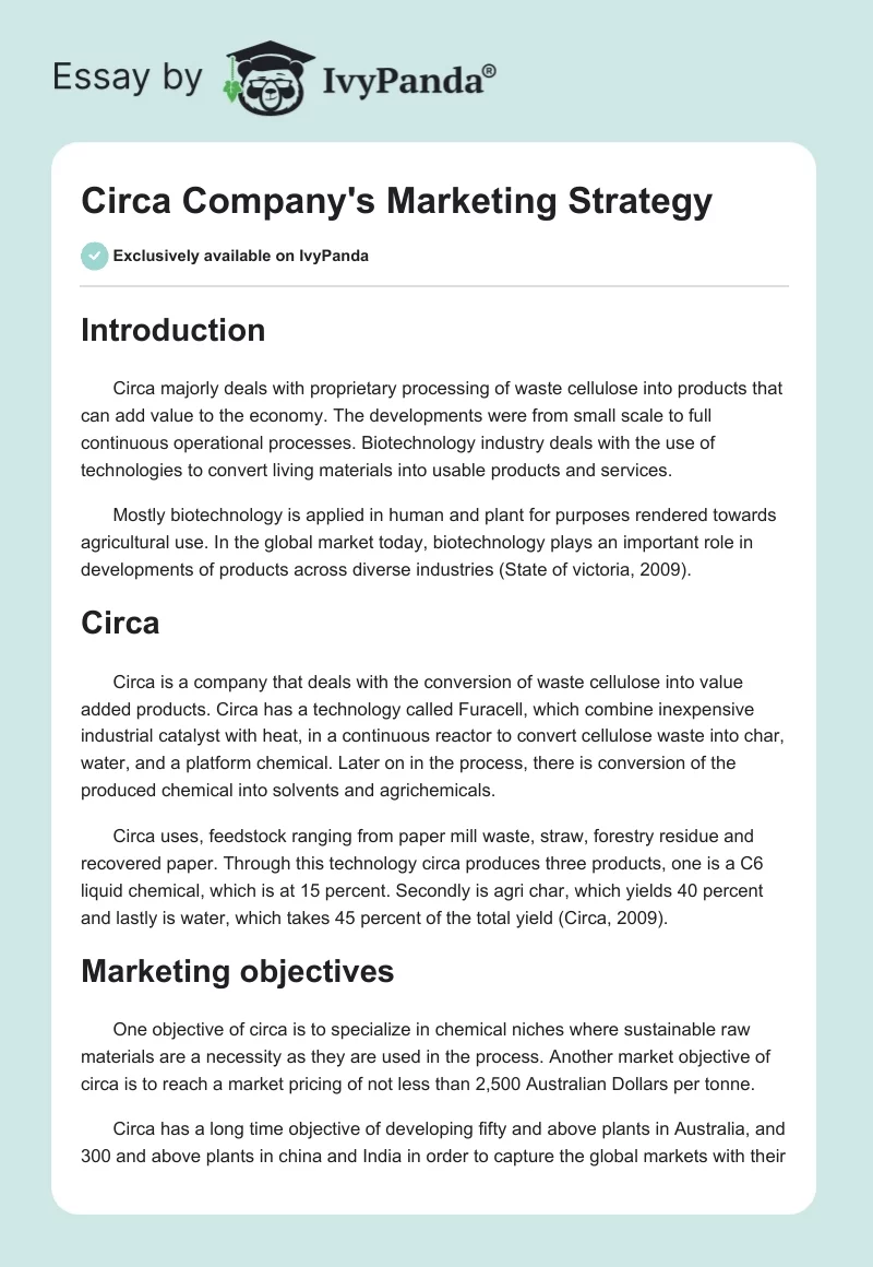 Circa Company's Marketing Strategy. Page 1
