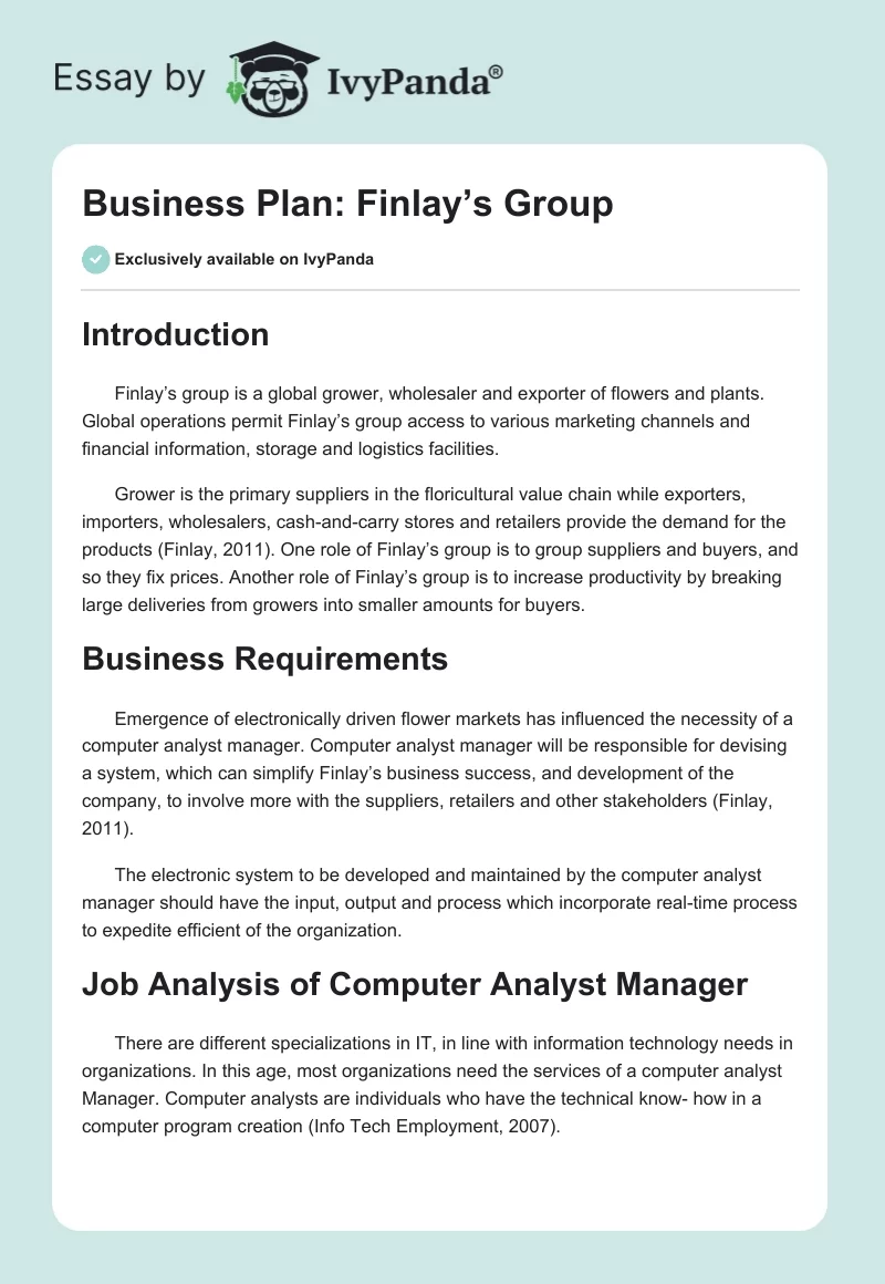 Business Plan: Finlay’s Group. Page 1