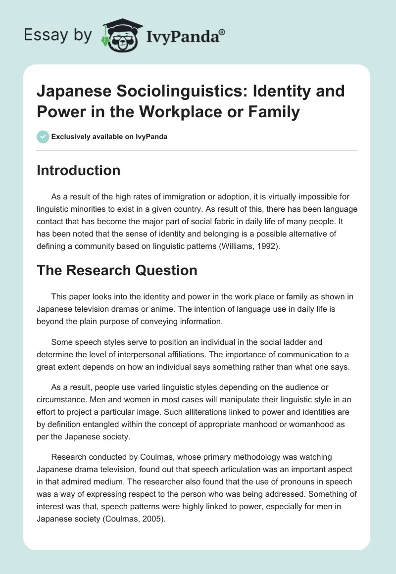 Japanese Sociolinguistics: Identity and Power in the Workplace or Family. Page 1