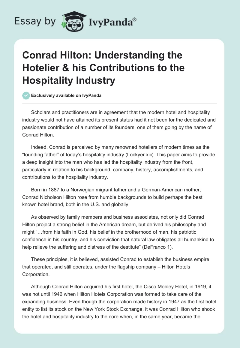 Conrad Hilton: Understanding the Hotelier & his Contributions to the Hospitality Industry. Page 1