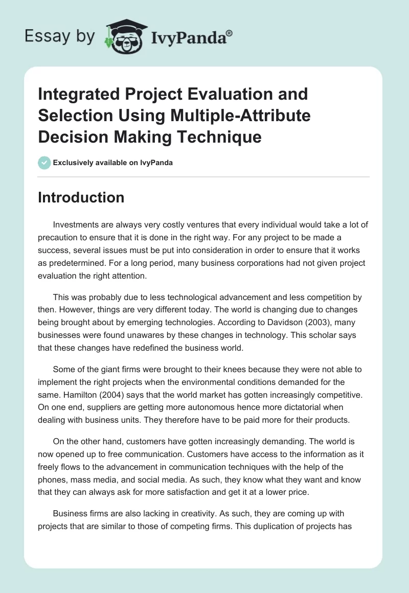 Integrated Project Evaluation and Selection Using Multiple-Attribute Decision Making Technique. Page 1
