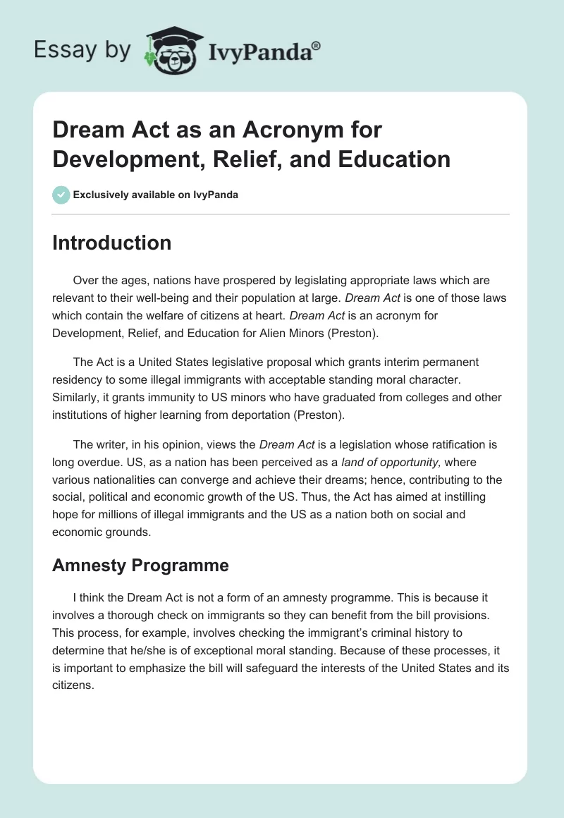 Dream Act as an Acronym for Development, Relief, and Education. Page 1