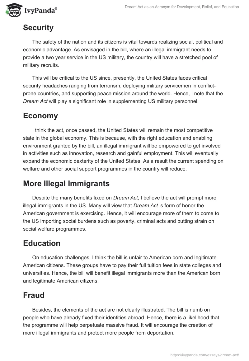 Dream Act as an Acronym for Development, Relief, and Education. Page 2