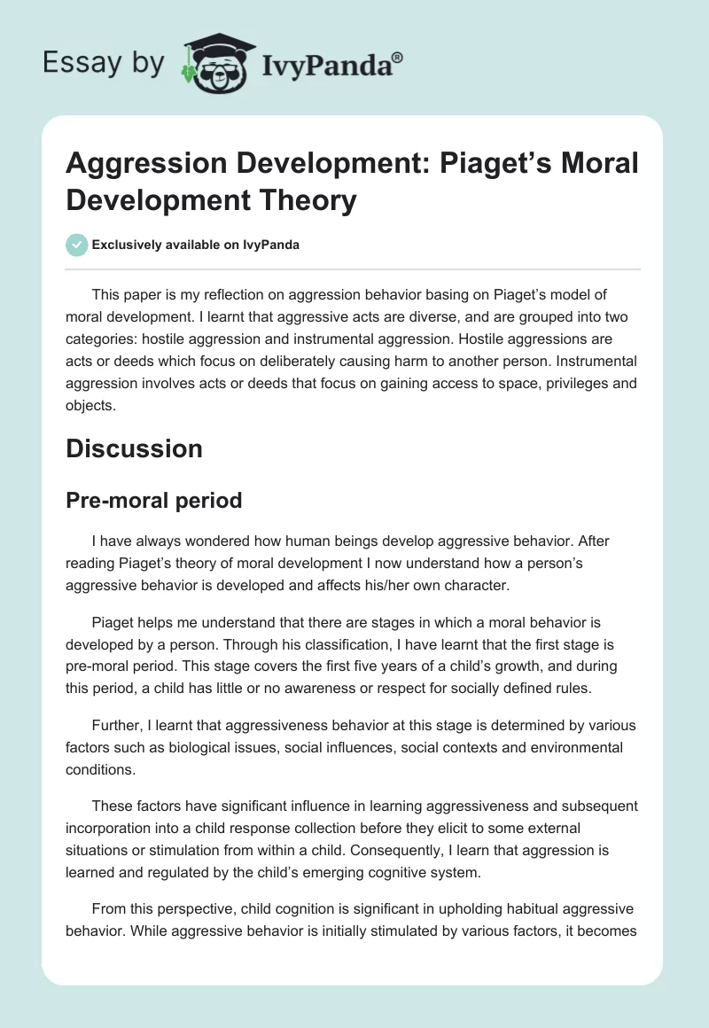 Aggression Development: Piaget’s Moral Development Theory. Page 1
