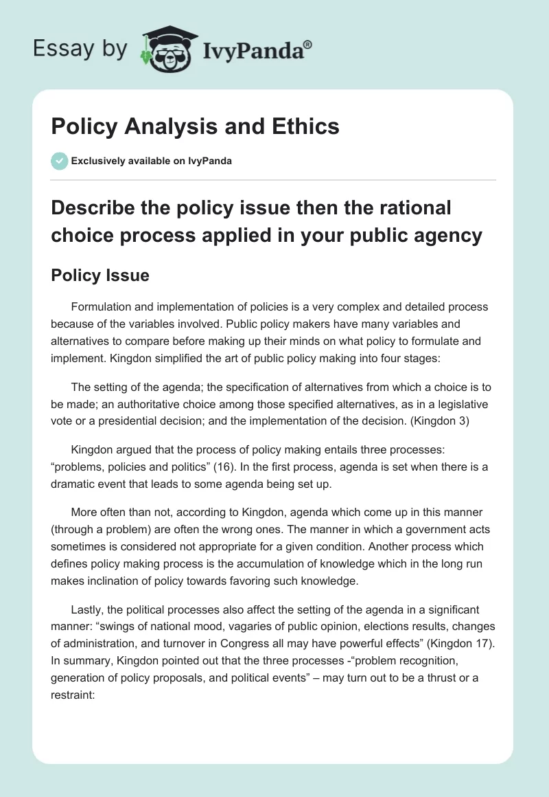 Policy Analysis and Ethics. Page 1