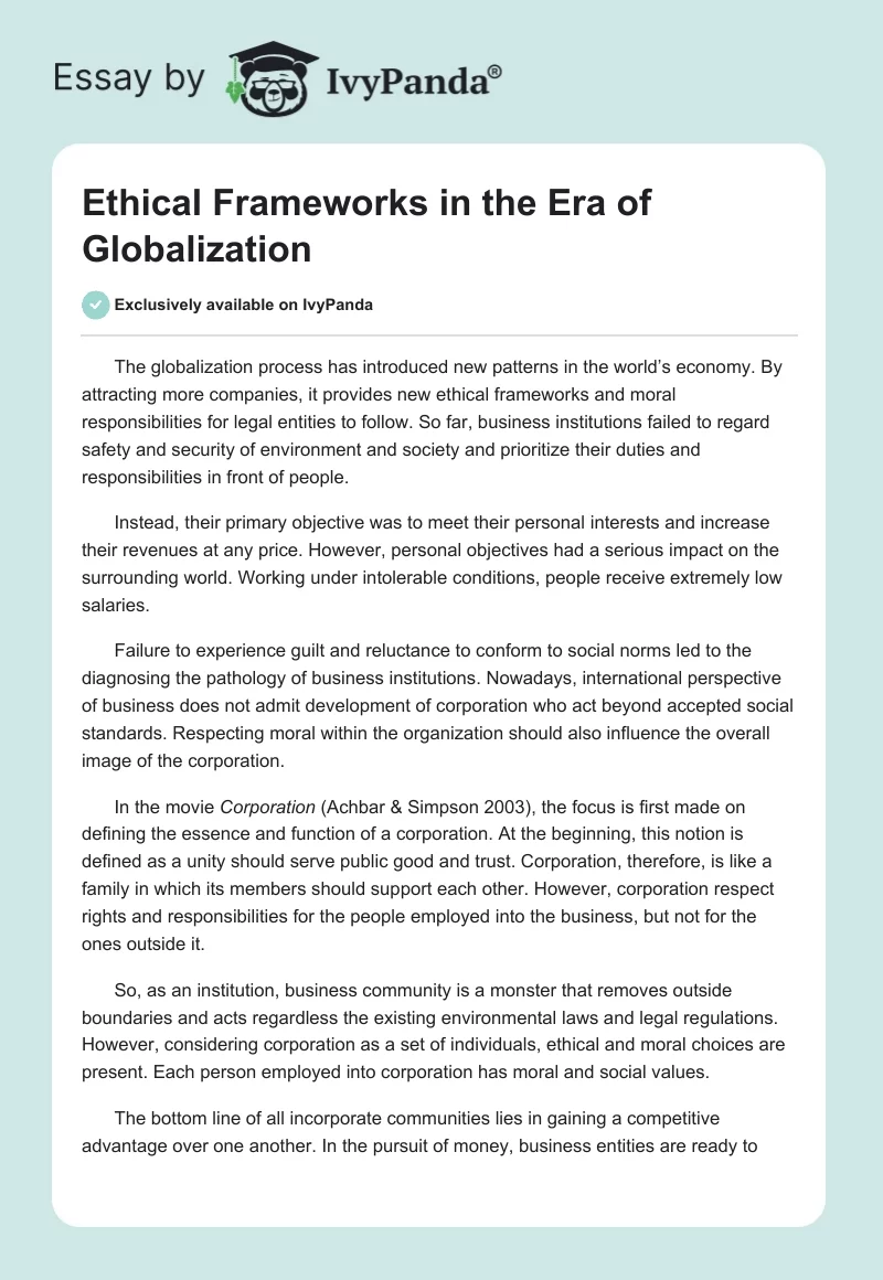 Ethical Frameworks in the Era of Globalization. Page 1