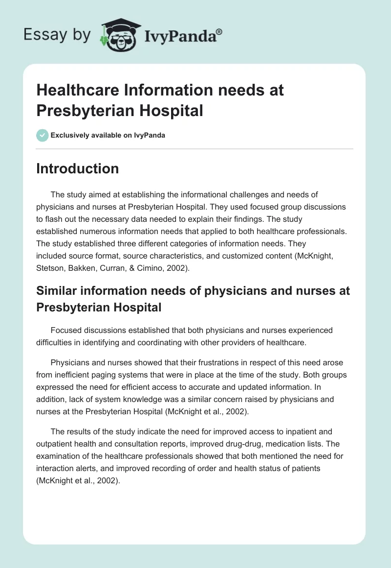 Healthcare Information needs at Presbyterian Hospital. Page 1