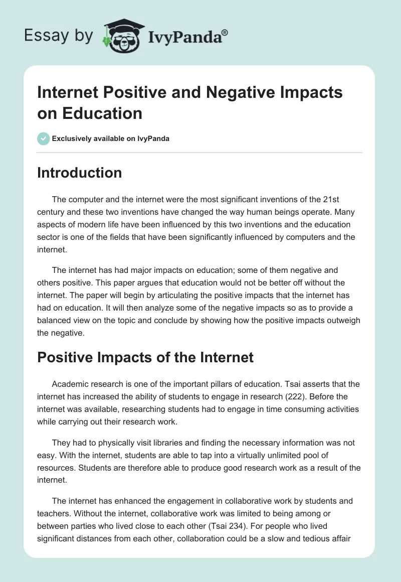 Internet Positive and Negative Impacts on Education. Page 1