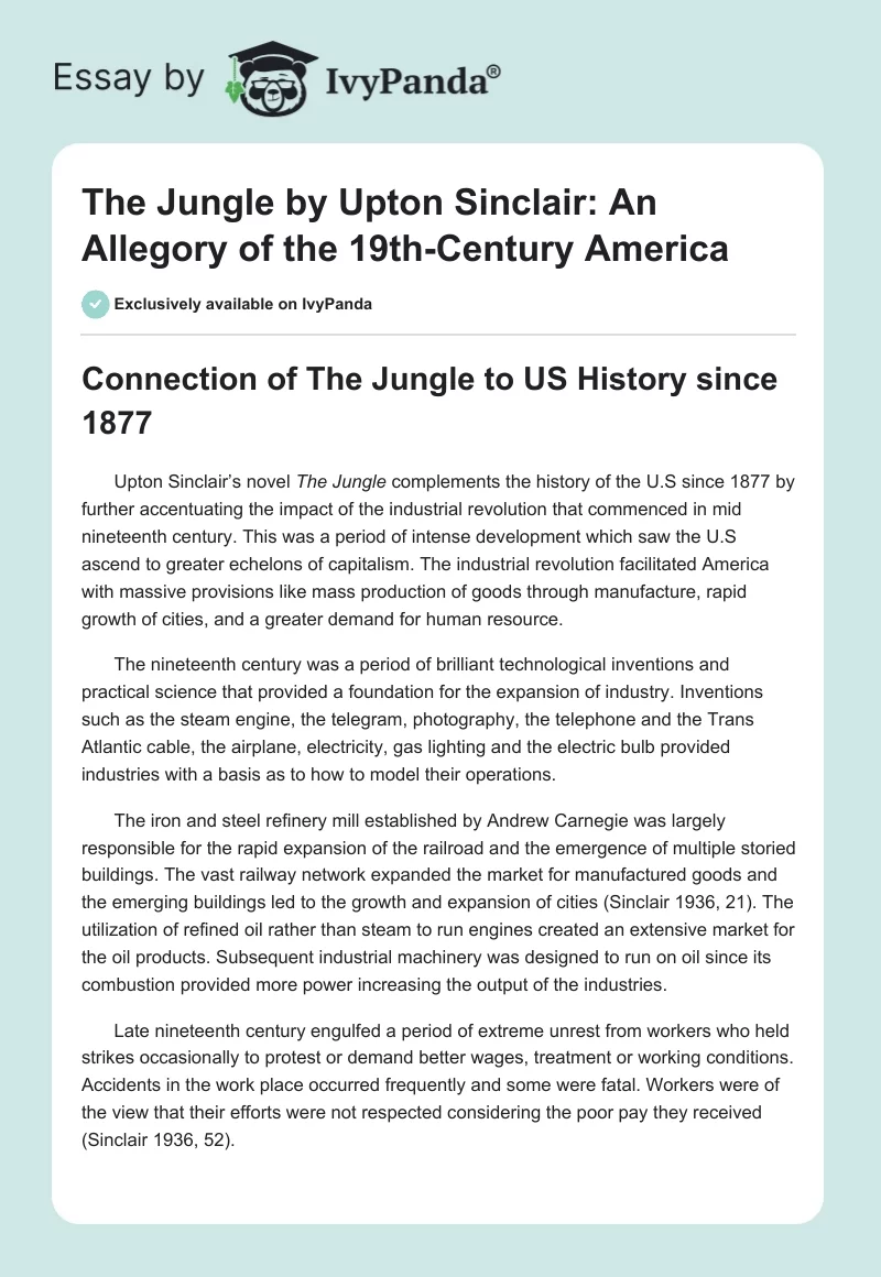 The Jungle by Upton Sinclair: An Allegory of the 19th-Century America. Page 1