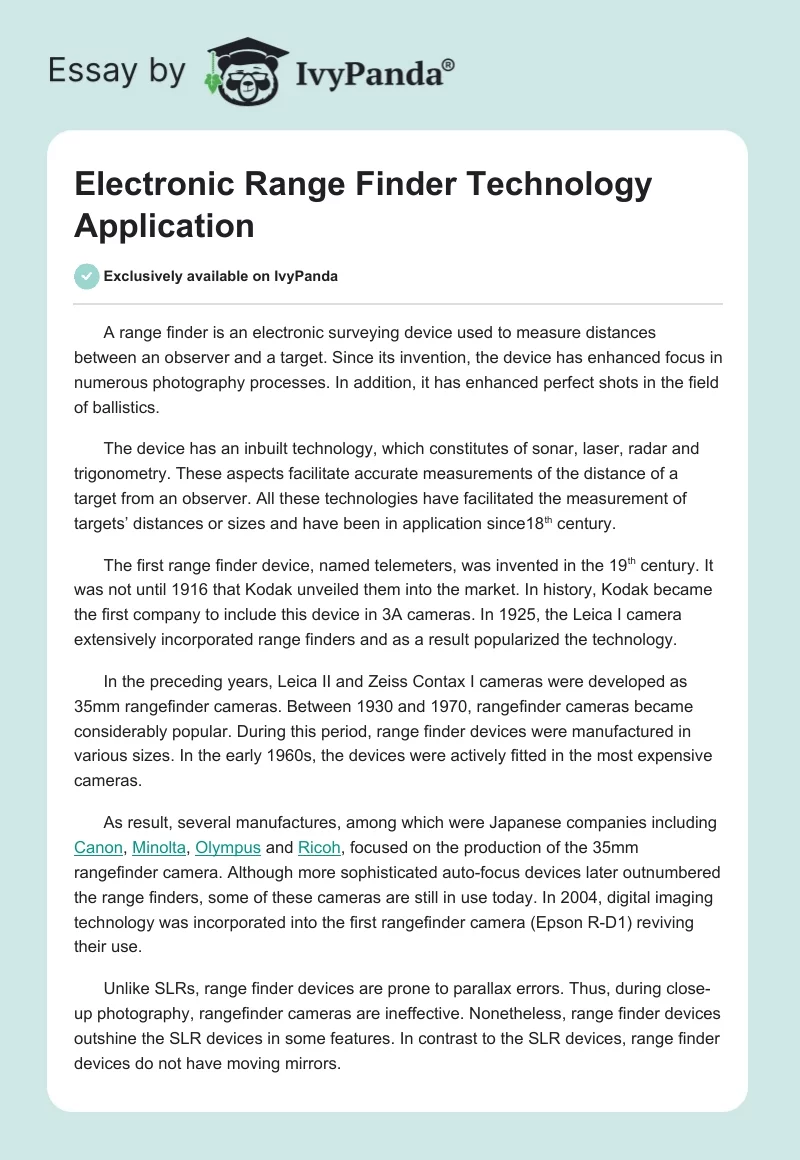 Electronic Range Finder Technology Application. Page 1