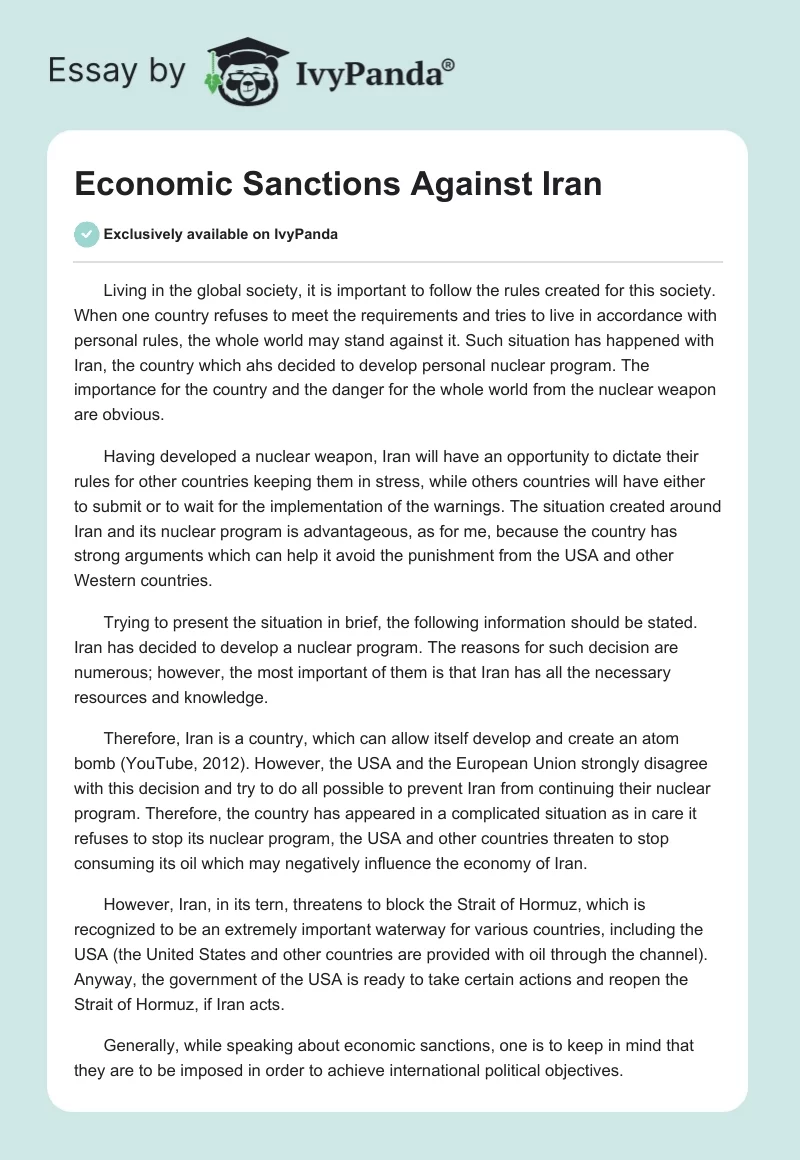 Economic Sanctions Against Iran. Page 1