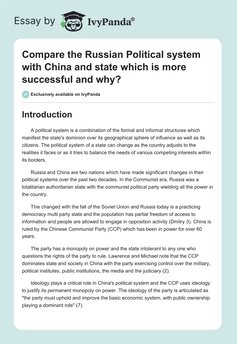 Compare the Russian Political system with China and state which is more successful and why?. Page 1