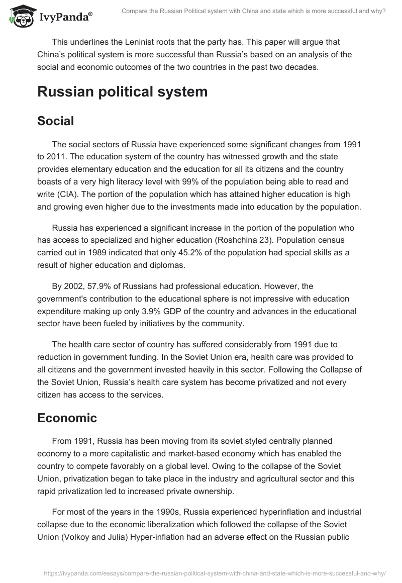 Compare the Russian Political system with China and state which is more successful and why?. Page 2