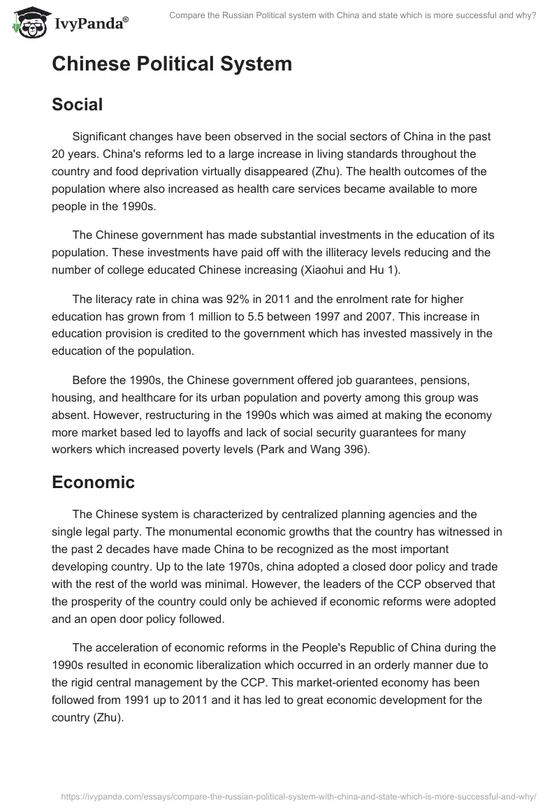 Compare the Russian Political system with China and state which is more successful and why?. Page 4
