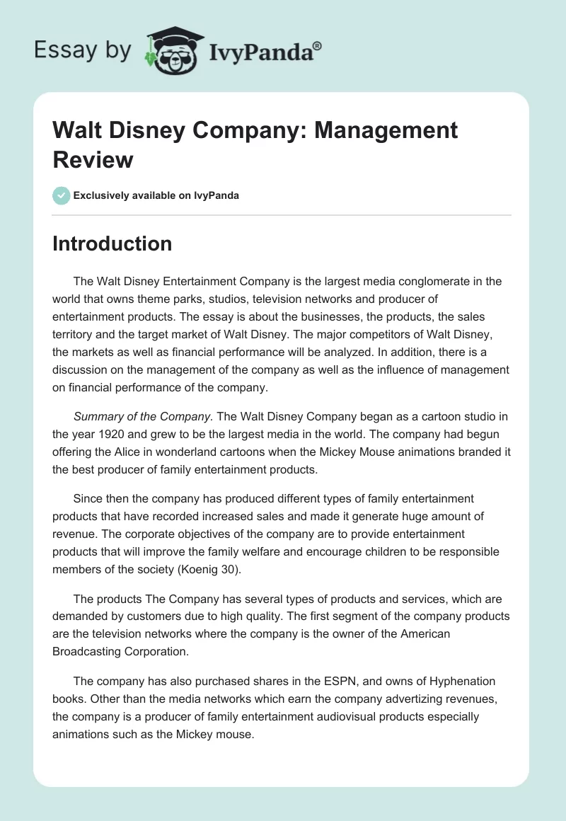 Walt Disney Company: Management Review. Page 1