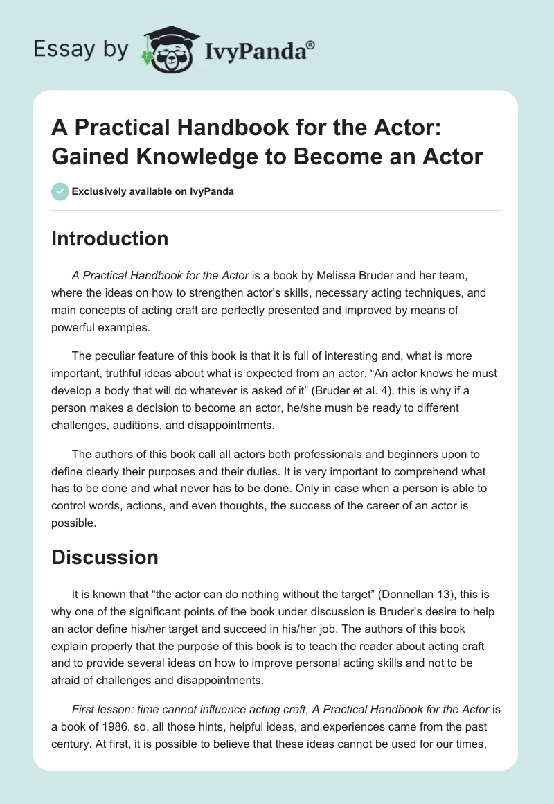 A Practical Handbook for the Actor: Gained Knowledge to Become an Actor. Page 1