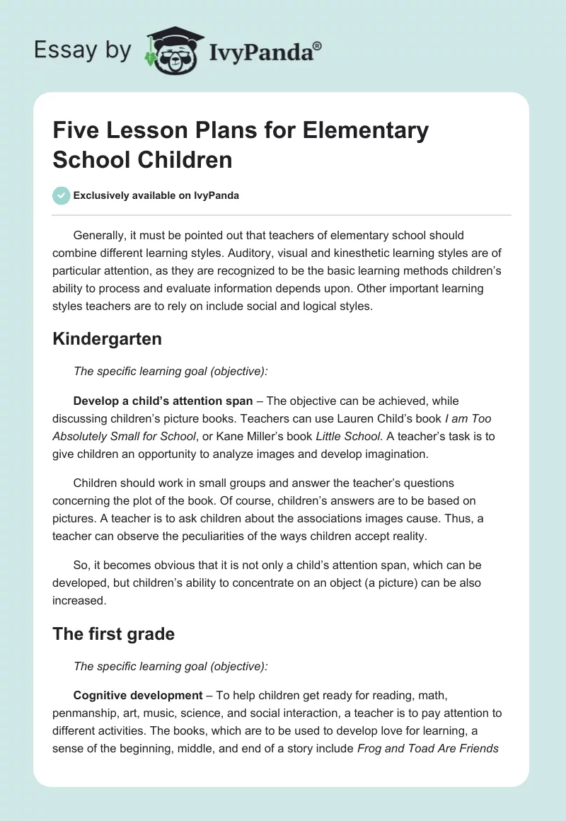 Five Lesson Plans for Elementary School Children. Page 1