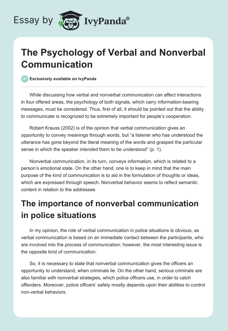 The Psychology of Verbal and Nonverbal Communication. Page 1