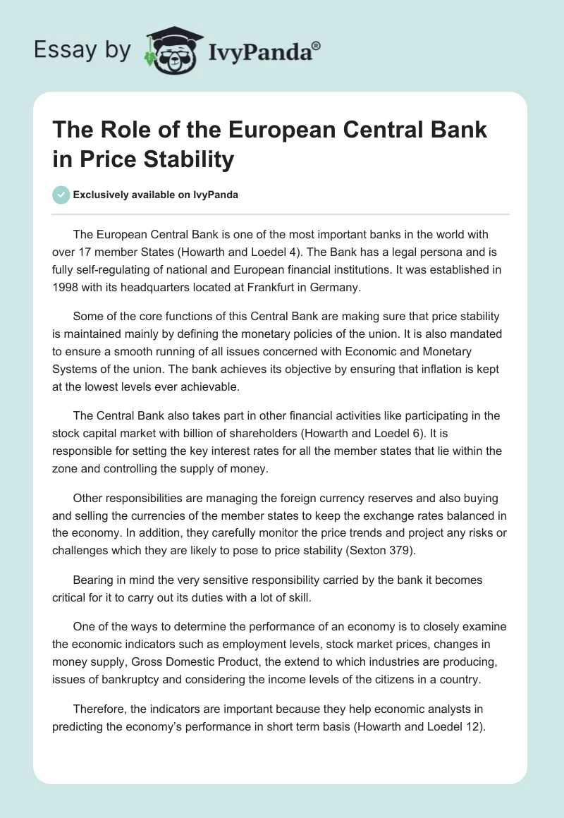 The Role of the European Central Bank in Price Stability. Page 1